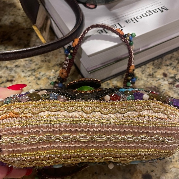 Boho Gypsy style beaded small purse with mink Pom Pom’s - Picture 6 of 9